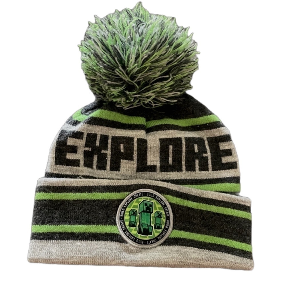 Minecraft kids Youth Beanie embroidered front patch cuff and pom cap
